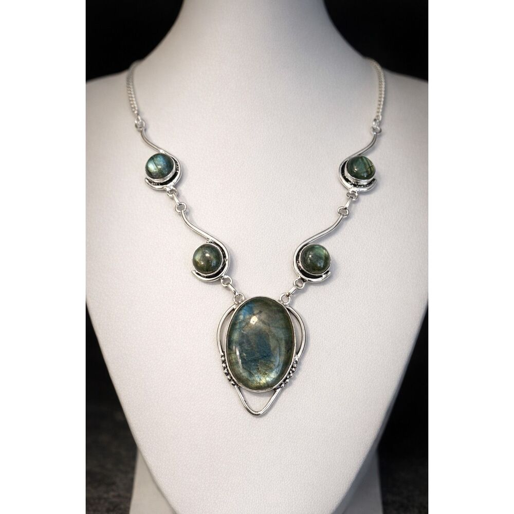 Large Labradorite Statement Necklace Silver Flashy Blue Green Boho Jewelry New